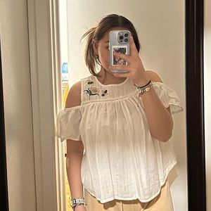 White (Floral Design On The Side) Shoulder Blouse